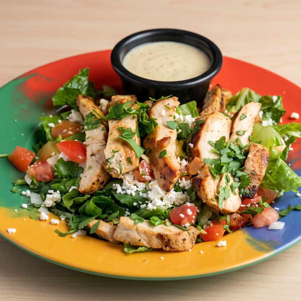 Grilled chicken salad with lettuce, tomatoes, feta cheese, and dressing on a colorful plate.